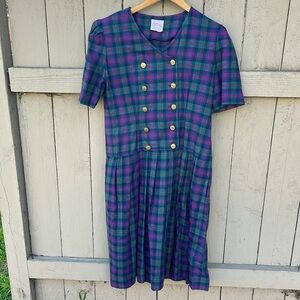 Vintage Petite  Lanz Plaid Dress School Girl Academia Retro Pleated 1980's
